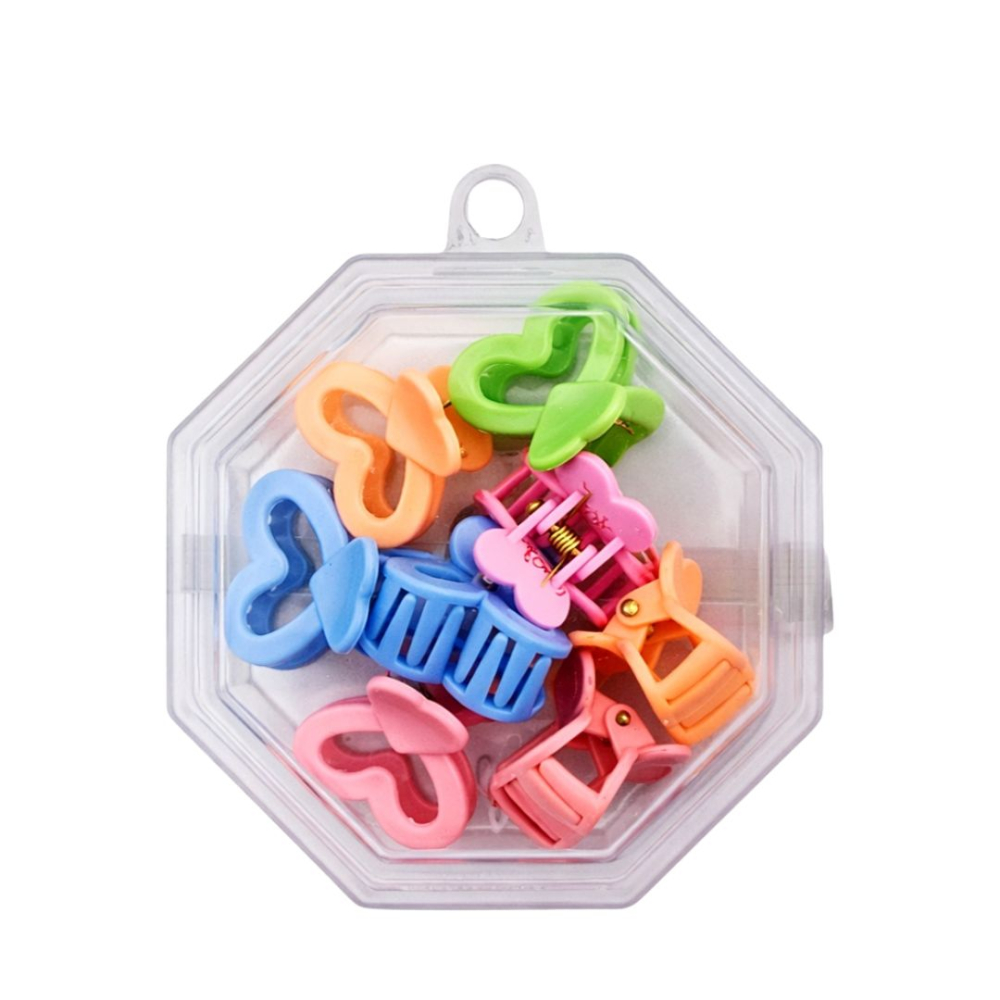 Set 8 cleme par 1,5 cm, forma inimioara, cutie hexagonala, multicolore, pentru fetite [1]