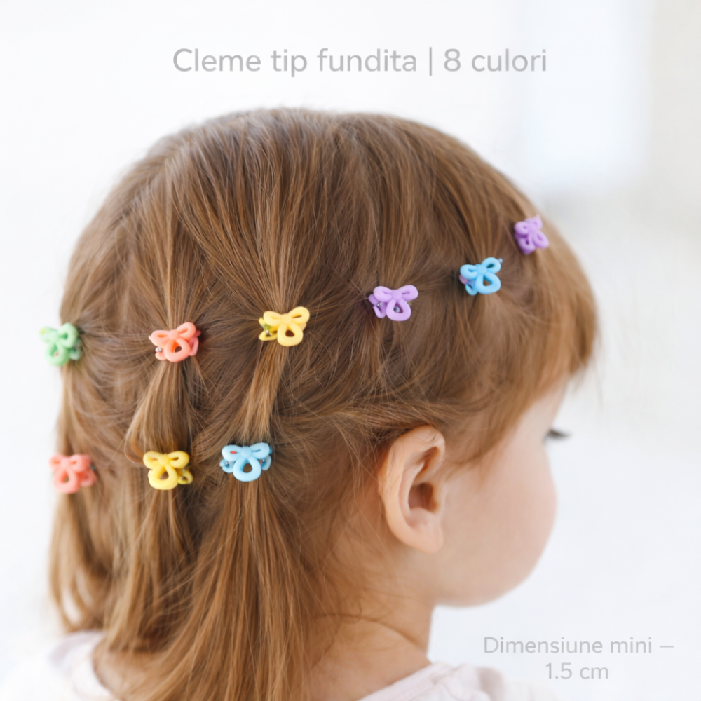 Set 8 cleme par fundita 1.5 cm pentru copii, plastic colorat, cutie hexagonala depozitare accesorii par fetite [8]