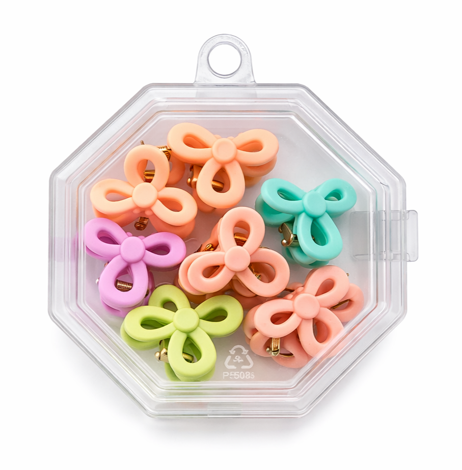Set 8 cleme par fundita 1.5 cm pentru copii, plastic colorat, cutie hexagonala depozitare accesorii par fetite [4]