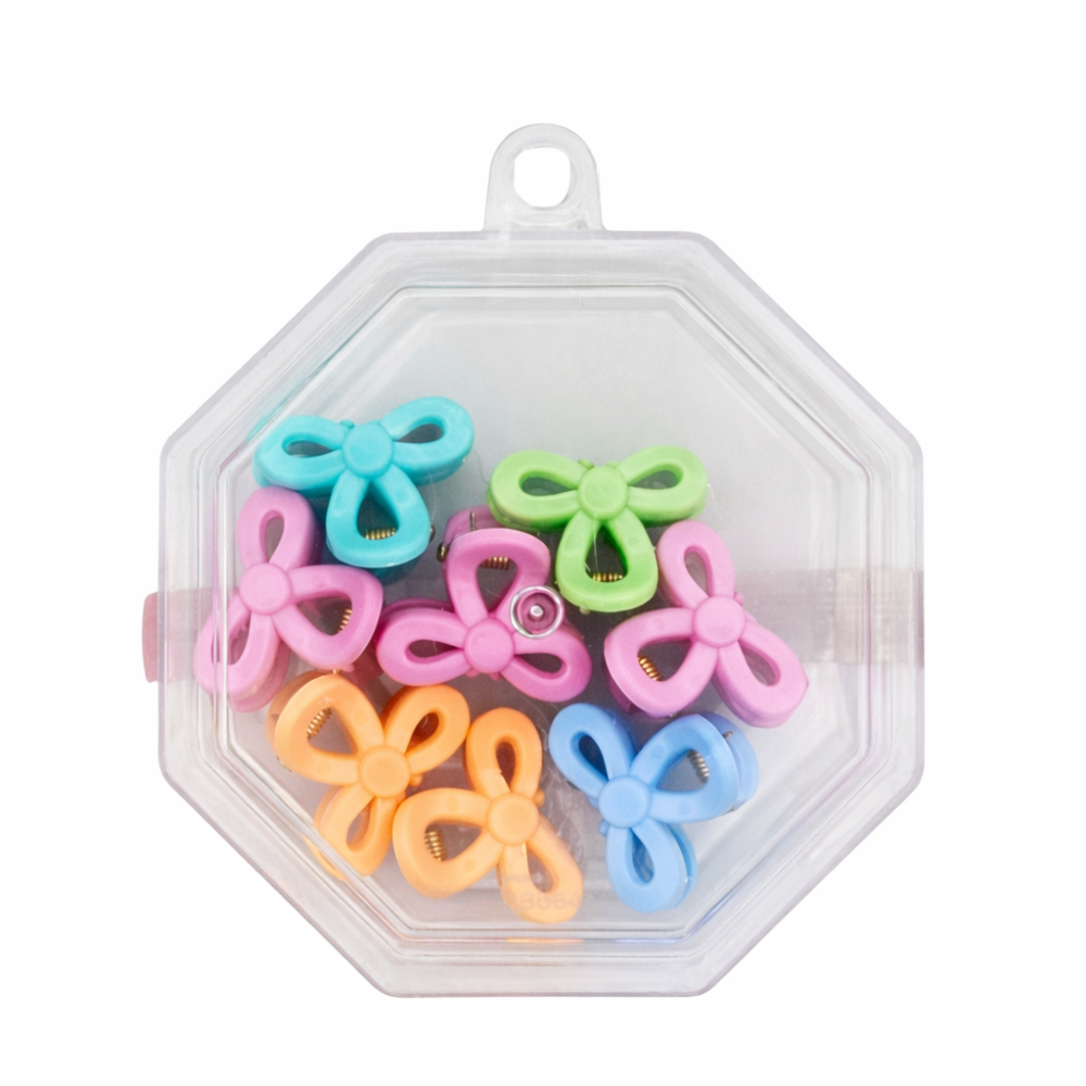 Set 8 cleme par fundita 1.5 cm pentru copii, plastic colorat, cutie hexagonala depozitare accesorii par fetite [2]