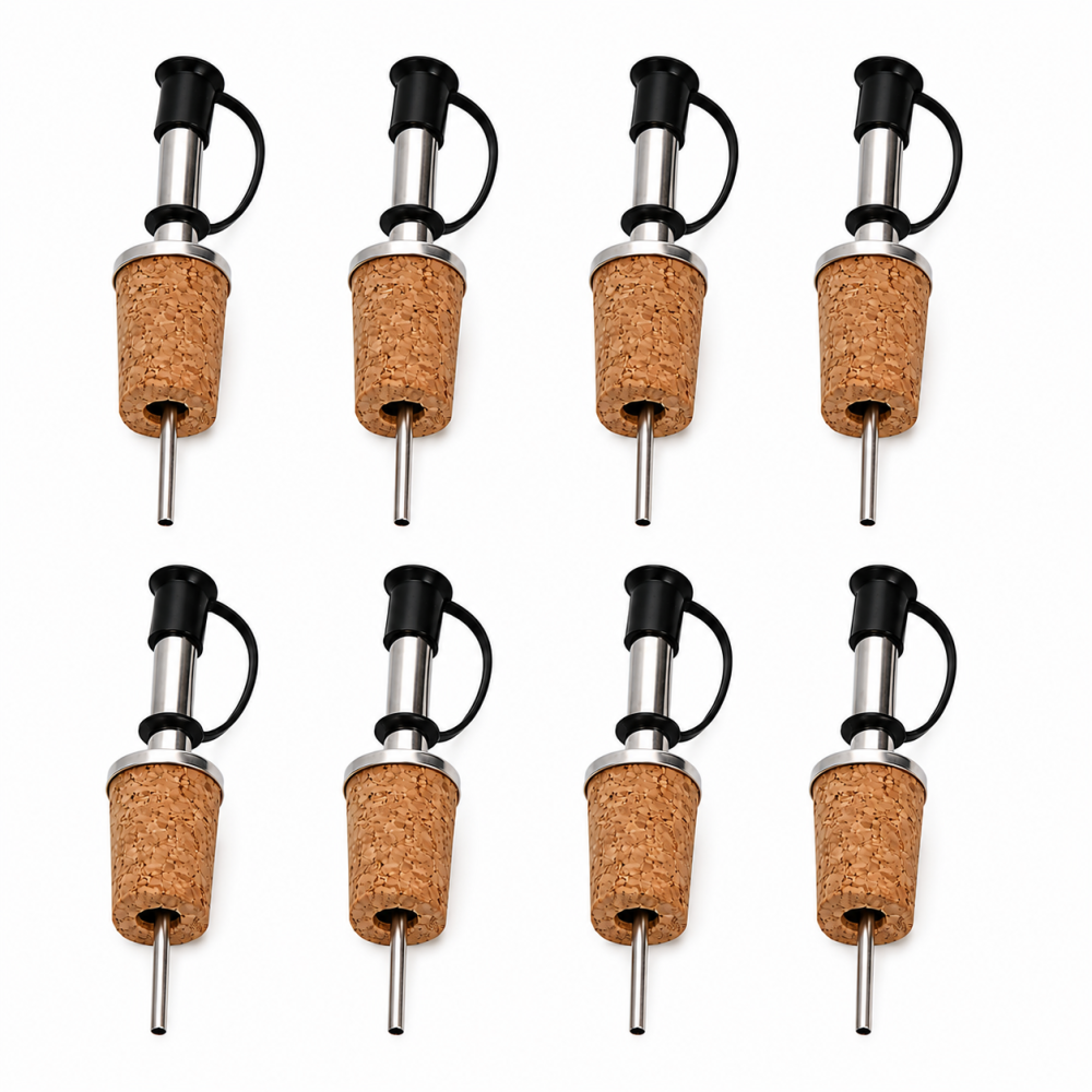 Set 8 dopuri pentru sticle, 9.2 x 2.3 cm, inox cu pluta naturala si capac silicon, dozare controlata pentru bauturi si cocktailuri [6]