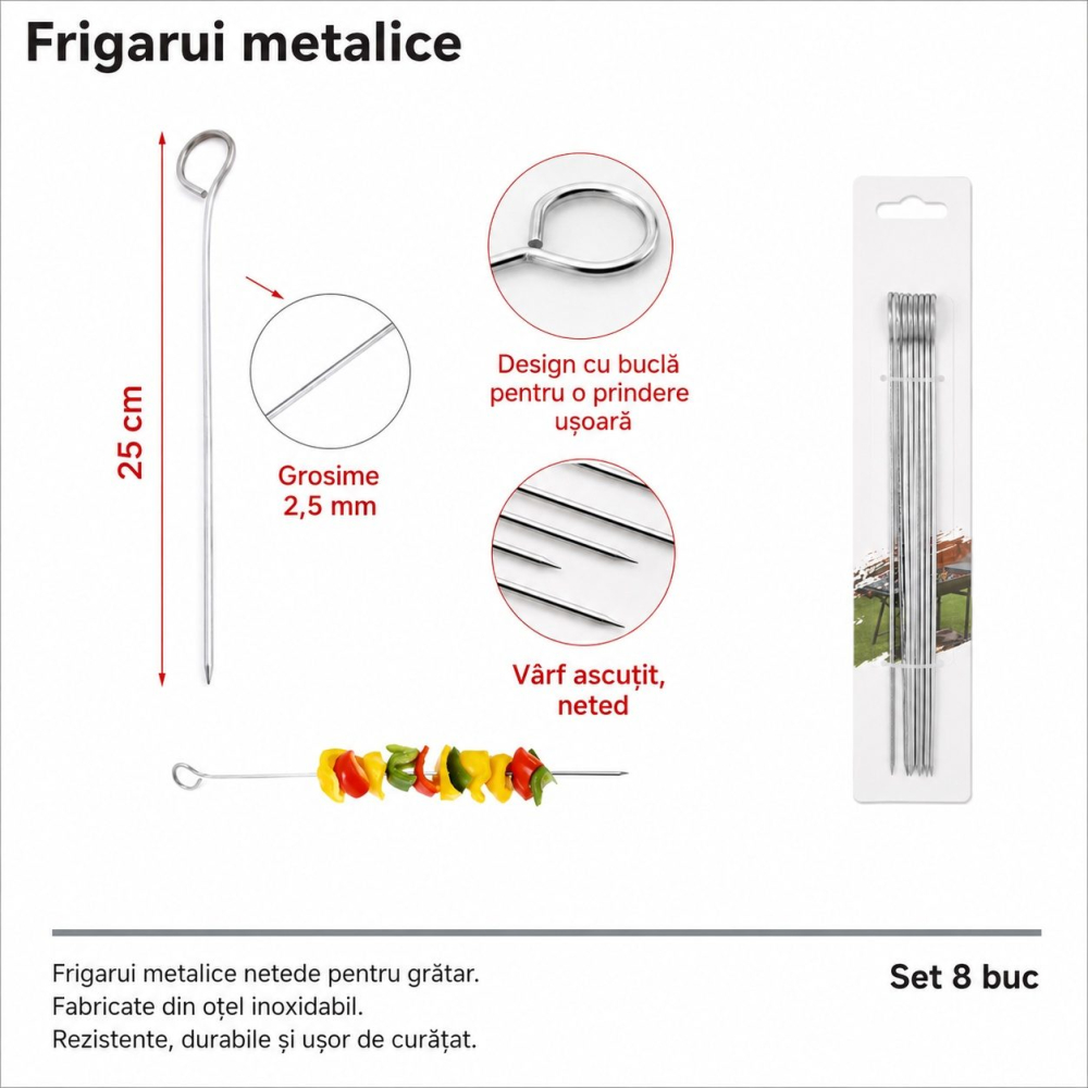 Set 8 frigarui metalice argintii 25 cm x 2,5 mm, tepuse din otel inoxidabil [5]