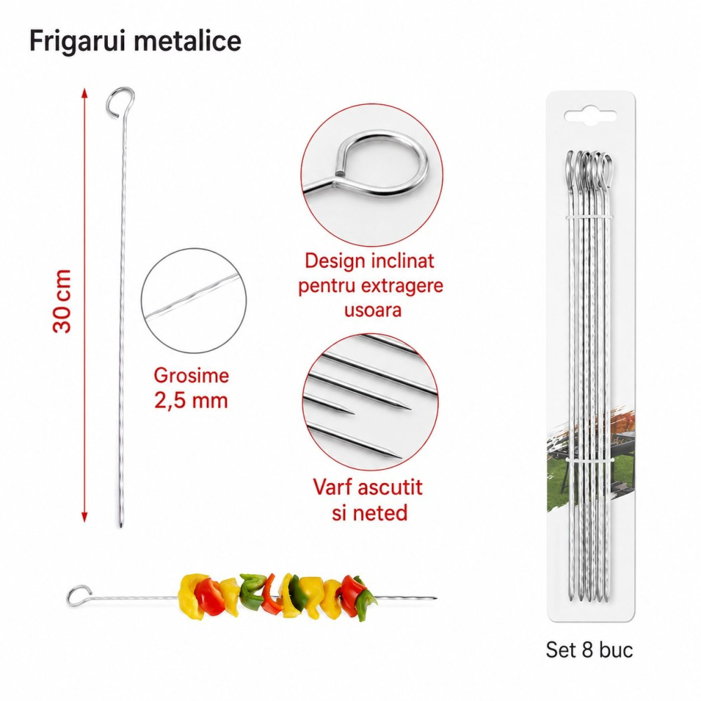 Set 8 frigarui metalice argintii 30 cm x 2,5 mm, tepuse din otel inoxidabil [2]