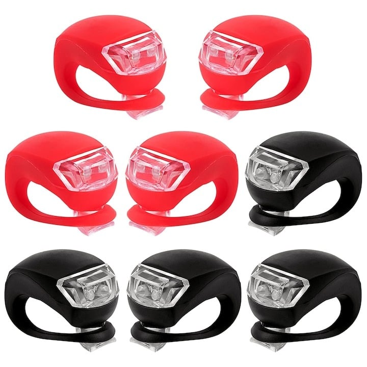 Set 8 lampi silicon pentru bicicleta, cu lumina alba, 3 moduri de luminare, impermeabile, culoare Negru+rosu