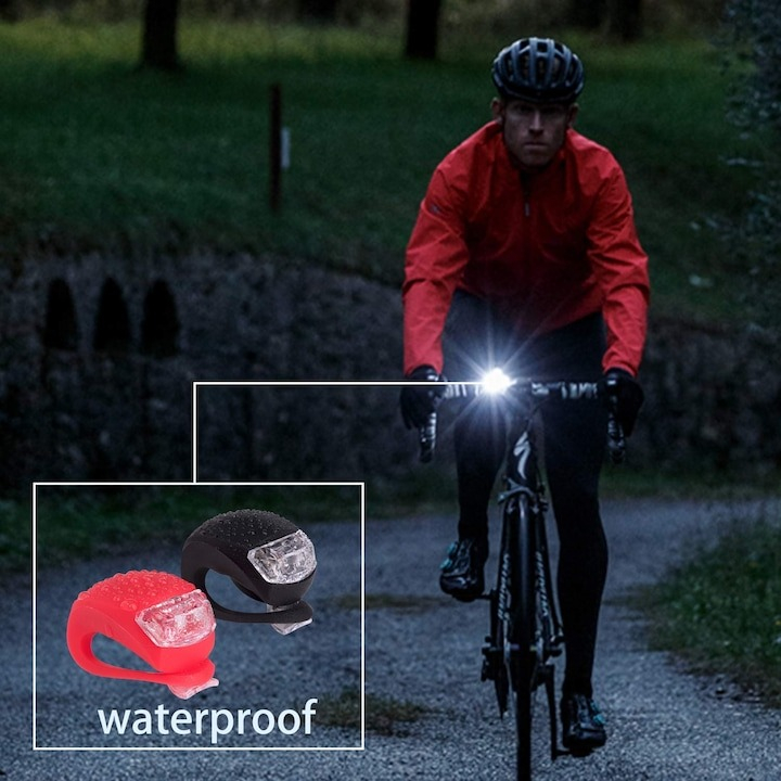 Set 8 lampi silicon pentru bicicleta, cu lumina alba, 3 moduri de luminare, impermeabile, culoare Negru+rosu [5]