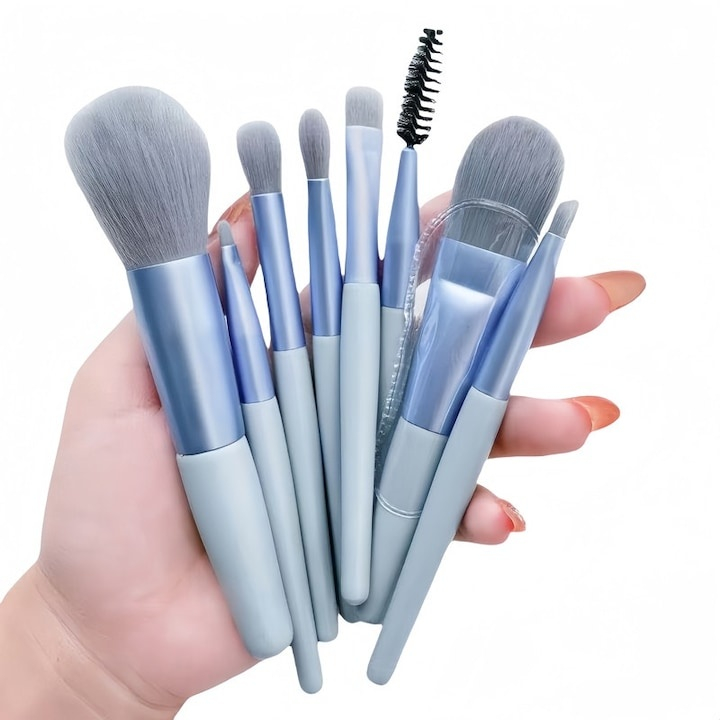 Set 8 pensule pentru machiaj, ten, ochi, buze, sprancene, maner plastic, albastru [7]