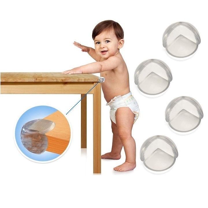 Set 8 protectii pentru colturi mobilier, rotunde, silicon moale, adeziv inclus, pentru siguranta copiilor, transparent [2]