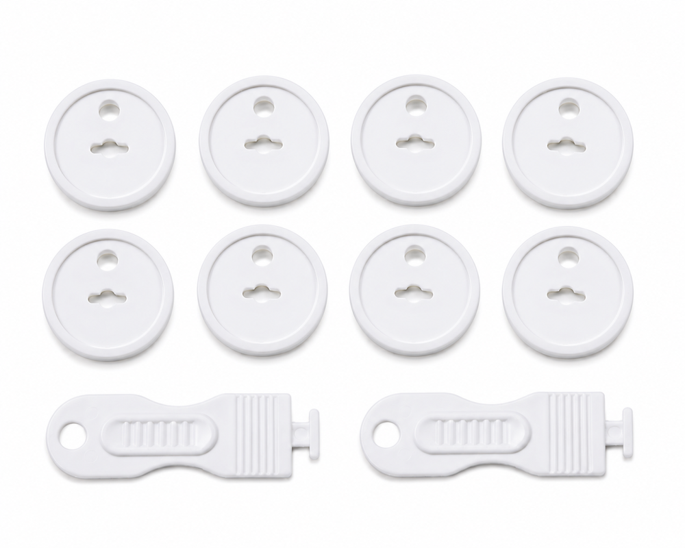 Set 8 Protectii pentru Prize cu 2 Chei de Deblocare, Sistem de Siguranta pentru Copii, ABS Rezistent, Alb, 3.7 x 2.3 cm [2]