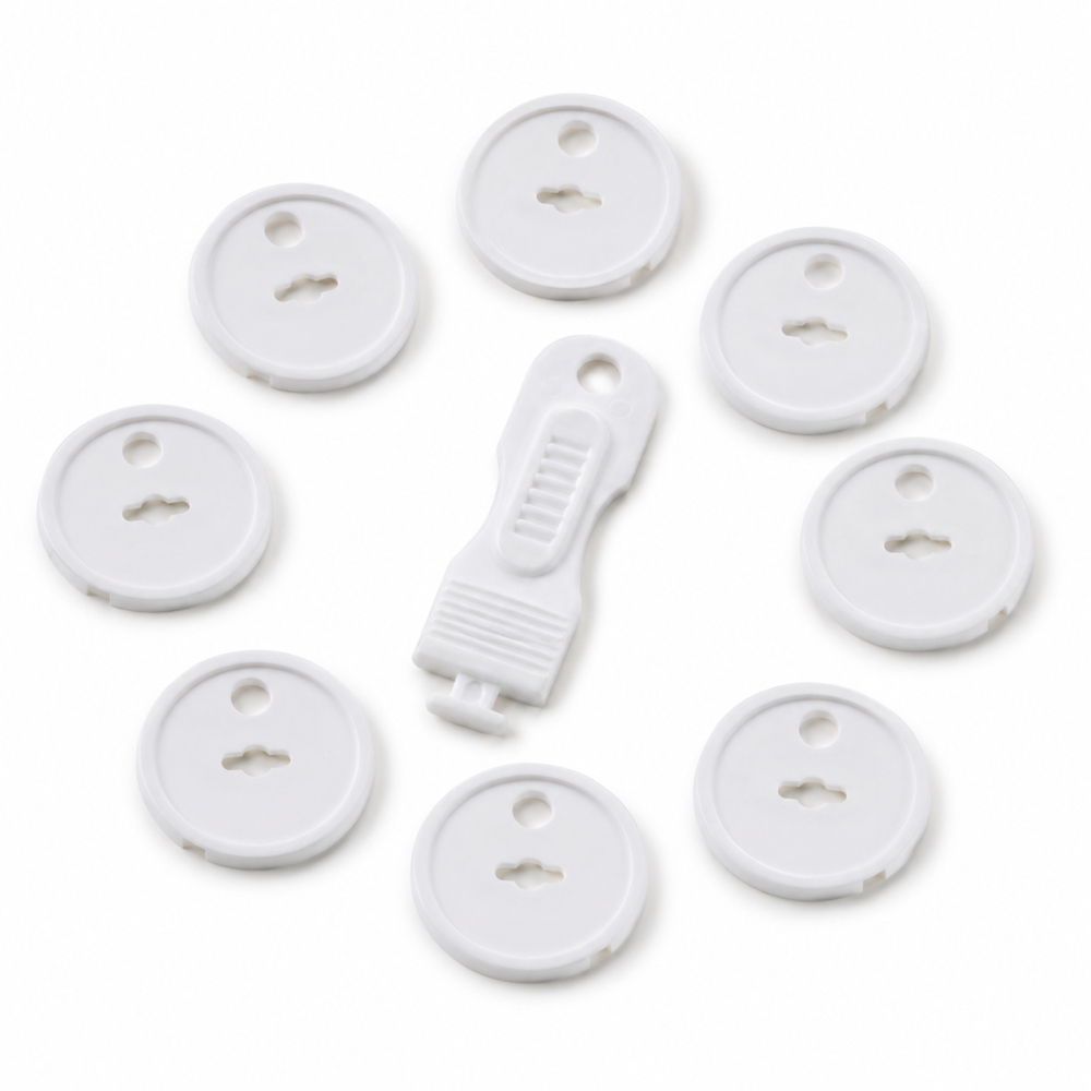 Set 8 Protectii pentru Prize cu Cheie de Deblocare, Sistem Siguranta Copii, ABS Rezistent, Montare Rapida, Alb, 3.7 x 2.3 cm [2]