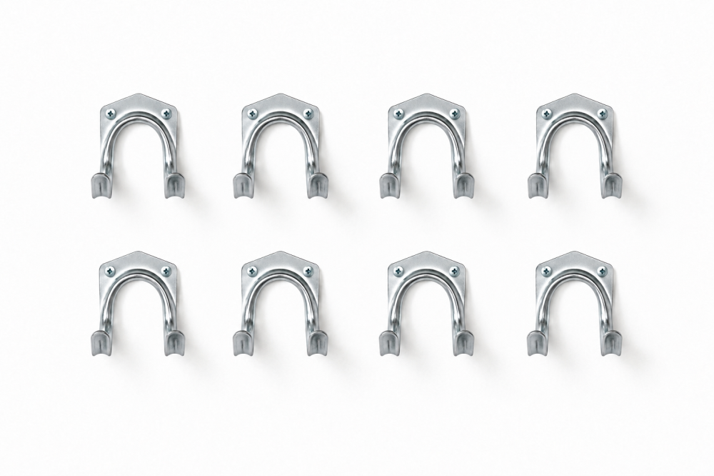 Set 8 suporturi metalice pentru furtun și unelte, montare pe perete, 7 x 5,5 x 6,5 cm fiecare, oțel galvanizat, argintiu, șuruburi incluse [2]