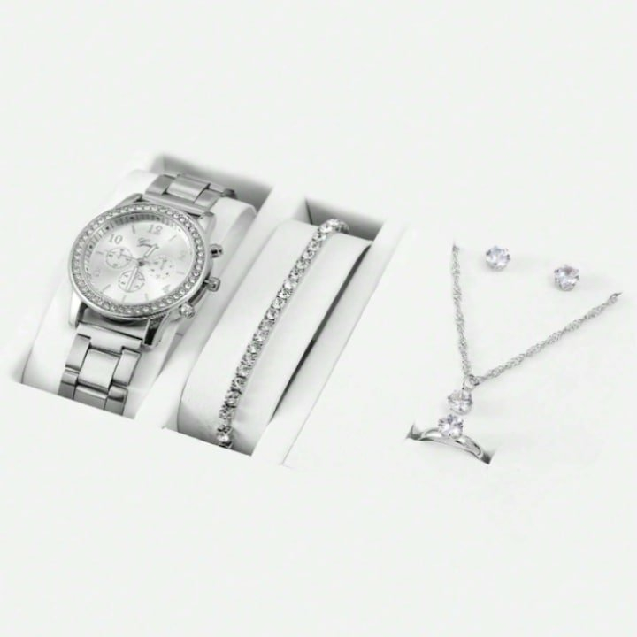 Set accesorii dama argintiu, ceas de mana quartz, bratara, colier cu pandantiv, cercei, inel si cutie cadou, bijuterii pentru tinute si evenimente [2]