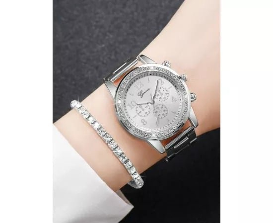 Set accesorii dama argintiu, ceas de mana quartz, bratara, colier cu pandantiv, cercei, inel si cutie cadou, bijuterii pentru tinute si evenimente [9]