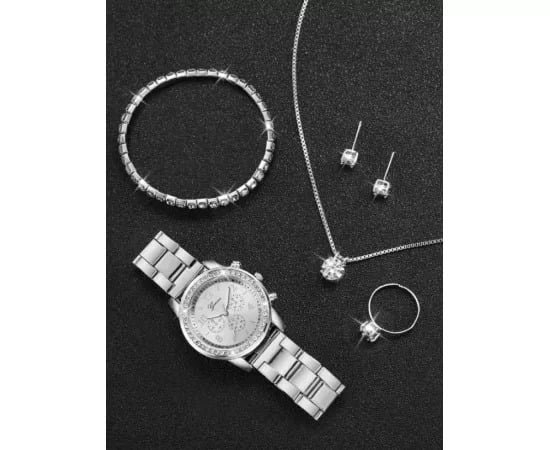 Set accesorii dama argintiu, ceas de mana quartz, bratara, colier cu pandantiv, cercei, inel si cutie cadou, bijuterii pentru tinute si evenimente [8]