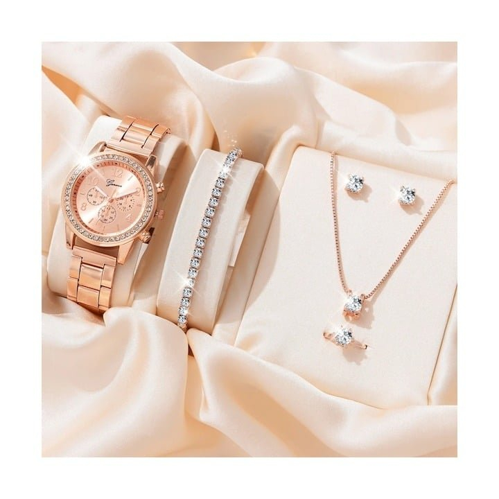 Set accesorii dama rose gold, ceas quartz 36 mm, bratara 20 cm, cercei, lantisor cu pandantiv, inel zirconia si cutie cadou, pentru tinute elegante [2]