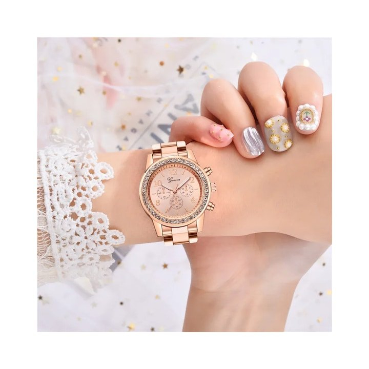 Set accesorii dama rose gold, ceas quartz 36 mm, bratara 20 cm, cercei, lantisor cu pandantiv, inel zirconia si cutie cadou, pentru tinute elegante [7]
