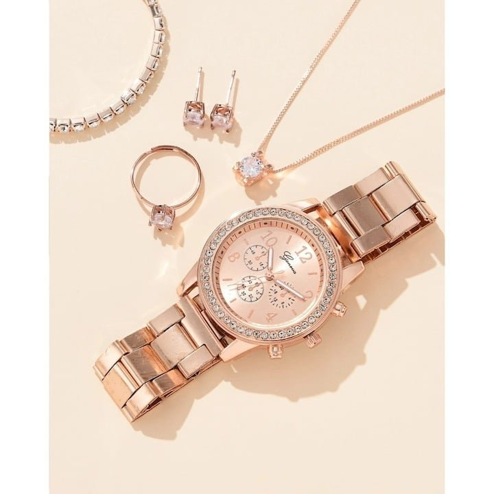 Set accesorii dama rose gold, ceas quartz 36 mm, bratara 20 cm, cercei, lantisor cu pandantiv, inel zirconia si cutie cadou, pentru tinute elegante [5]