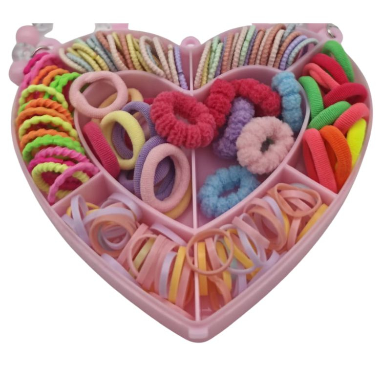 Set accesorii elastice par copii, cutie inima roz, 138 piese colorate, sortate pe compartimente – ideal pentru coafuri zilnice, joaca si cadou [2]