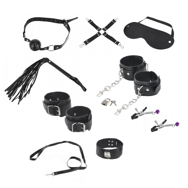 Set accesorii erotice pentru cupluri, 13 piese, din piele ecologica, negru – accesorii pentru relaxare si activitati in doi [11]