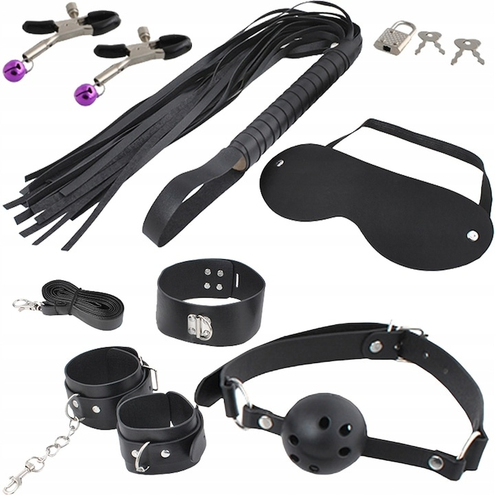Set accesorii erotice pentru cupluri, 13 piese, din piele ecologica, negru – accesorii pentru relaxare si activitati in doi [7]