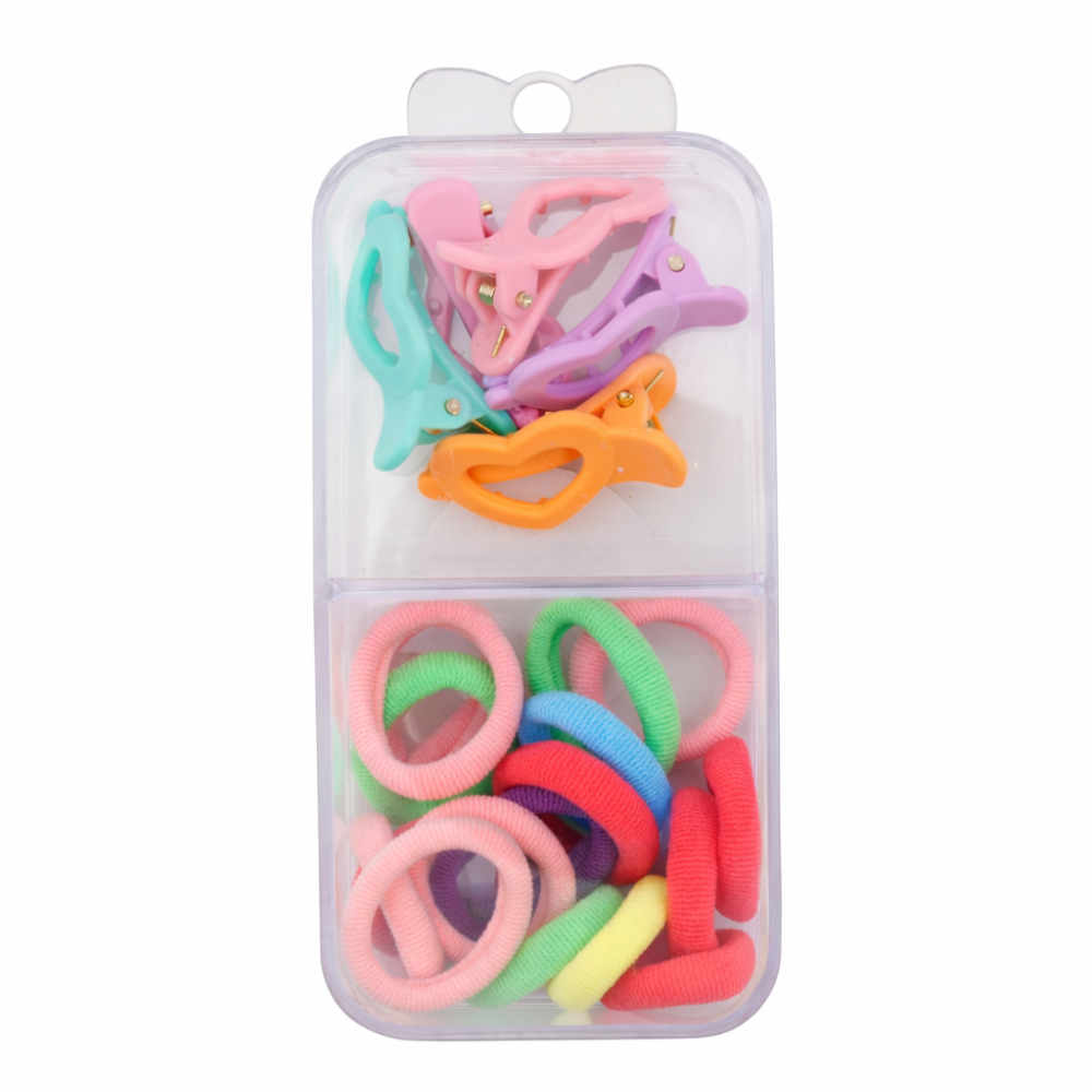 Set accesorii par 18 elastice si 5 cleme forma inimioara, multicolor, cutie organizator [1]
