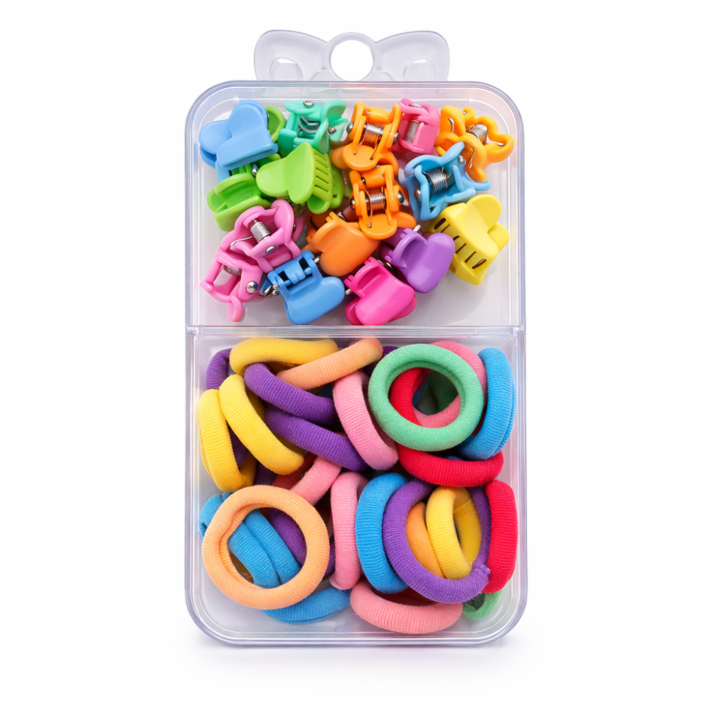 Set accesorii par colorate, 25 elastice 1,5 cm si 16 cleme inimioara 0,8 cm, organizator inclus [1]