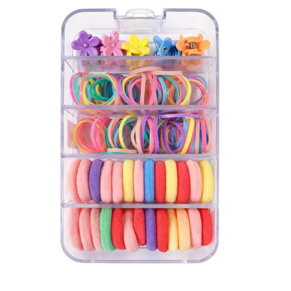 Set accesorii par copii cu cutie organizator, 26 elastice textile 2 cm, 80 elastice cauciuc multicolore si 5 cleme floricele 0.8 cm [1]