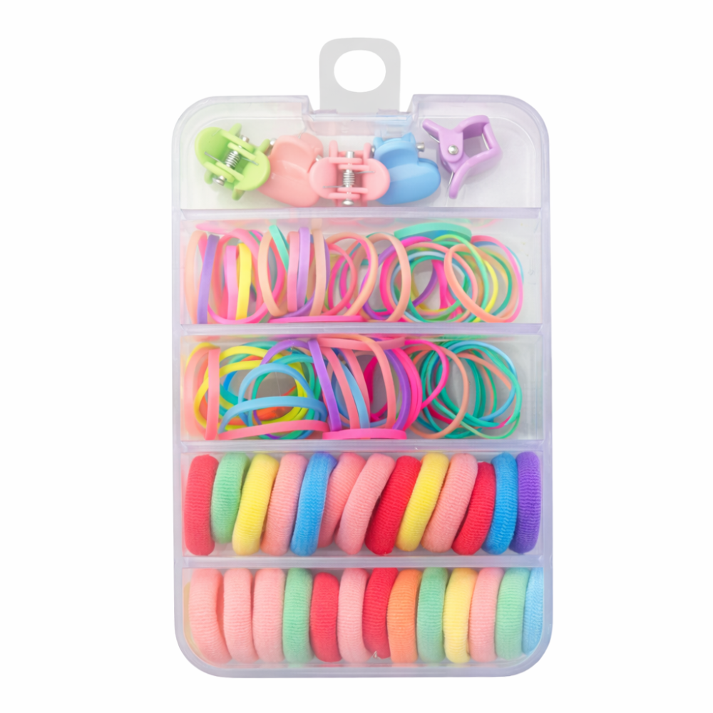 Set accesorii par copii cu cutie organizator, 26 elastice textile 2 cm, 80 elastice cauciuc multicolore si 5 cleme inimioara 0.8 cm [1]