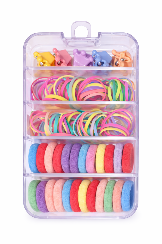 Set accesorii par copii cu cutie organizator, 26 elastice textile 2 cm, 80 elastice cauciuc multicolore si 5 cleme printesa 0.8 cm [1]