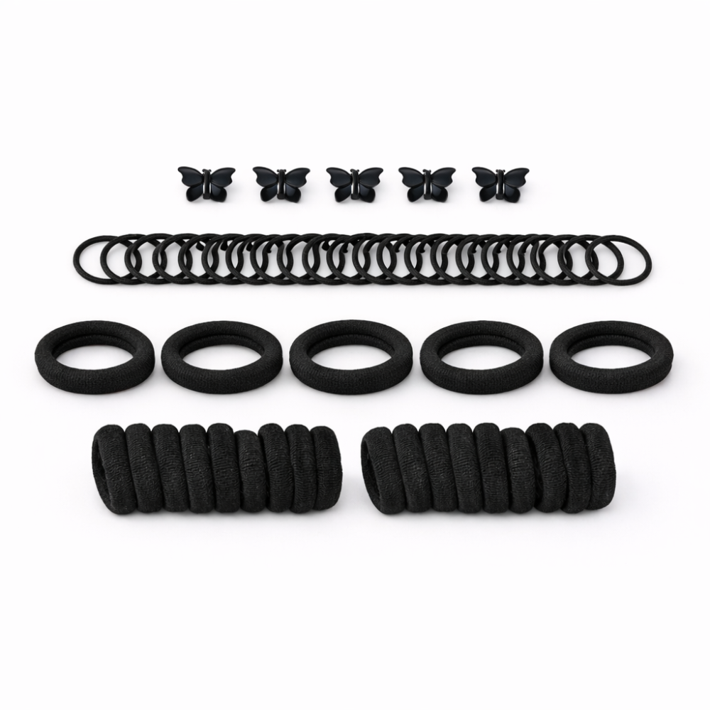 Set accesorii par negre, 26 elastice groase, 40 elastice subtiri, 5 cleme fluturas, elastan, 1.5 cm, organizator inclus [4]