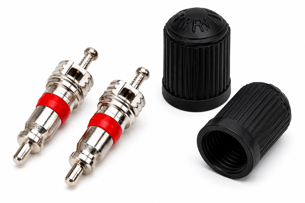 Set accesorii pentru valve Schrader, 2 miezuri ventil metalice si 2 capace negre de protectie [8]