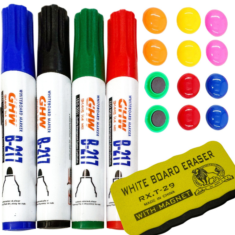 Set accesorii tabla magnetica, 4 markere colorate, burete magnetic si 12 magneti colorati, pentru whiteboard, scoala si birou [1]