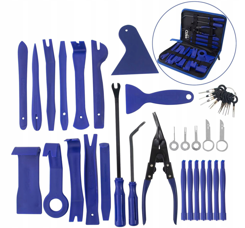 Set albastru 46 piese extractoare pentru tapiterie auto, 32 x 23 x 5 cm, unelte demontare panouri, cleme, radio si ornamente, husa transport [4]