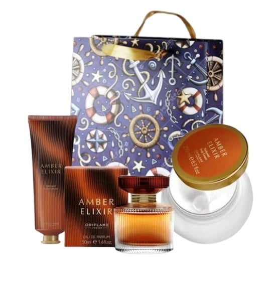 Set Amber Elixir (parfum 50 ml, crema corp 250, crema maini 75) si punga cadou inclusa