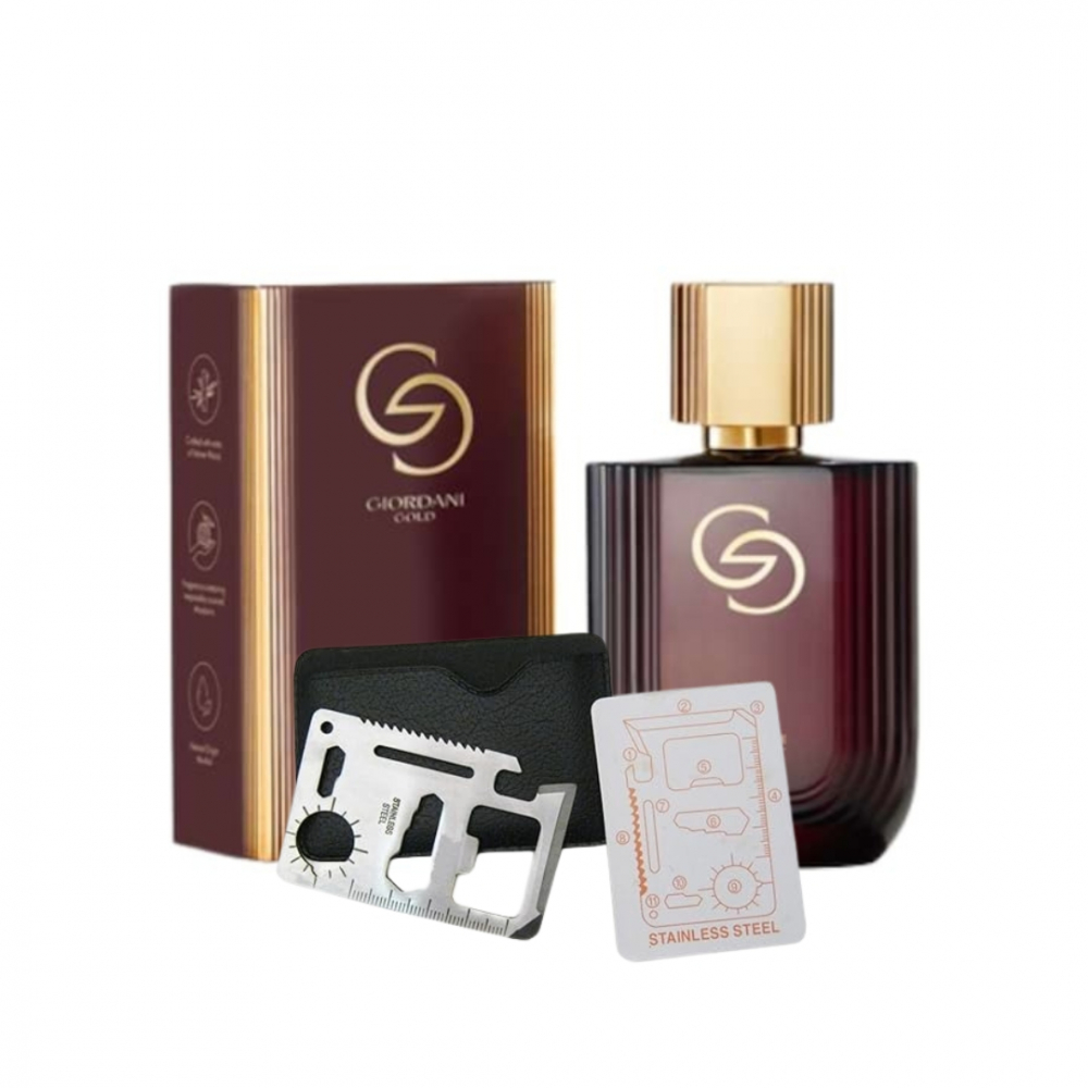 Set apa de parfum Giordani Gold Man 75 ml si card multifunctional Dactylion, de supravietuire, otel inoxidabil