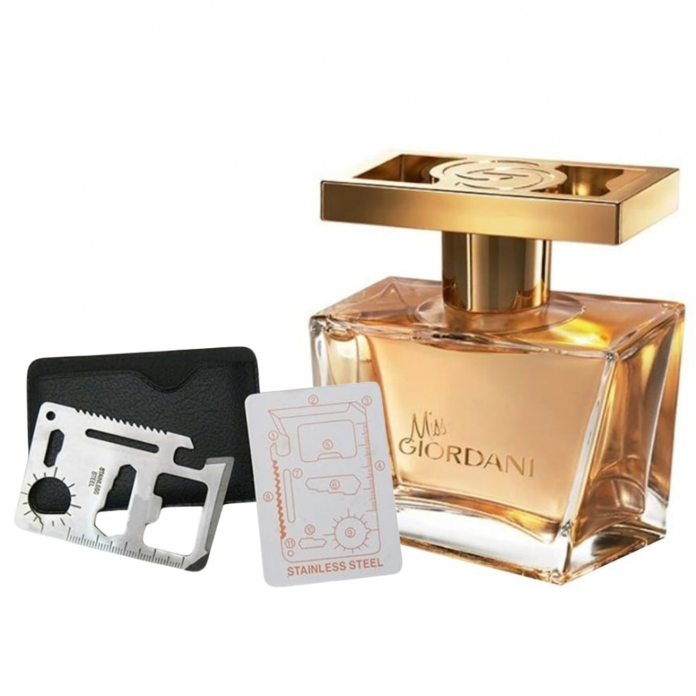 Set apa de parfum Miss Giordani 50 ml si card multifunctional Dactylion, de supravietuire, otel inoxidabil