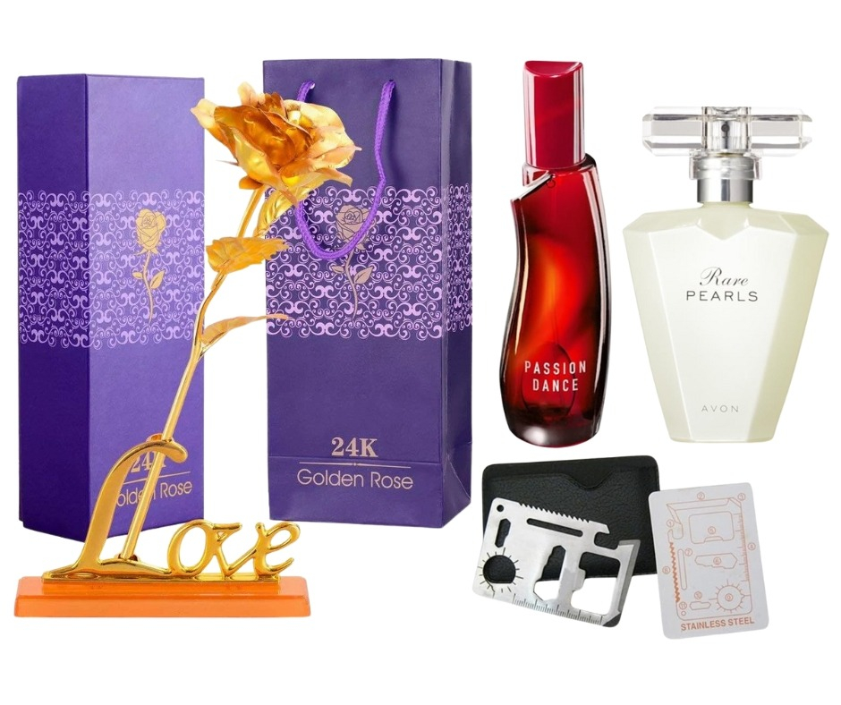 Set apa de toaleta Passion Dance 50 ml, apa de parfum Rare Pearls 50 ml, card multifunctional, de supravietuire si trandafir auriu cu suport si cutie incluse