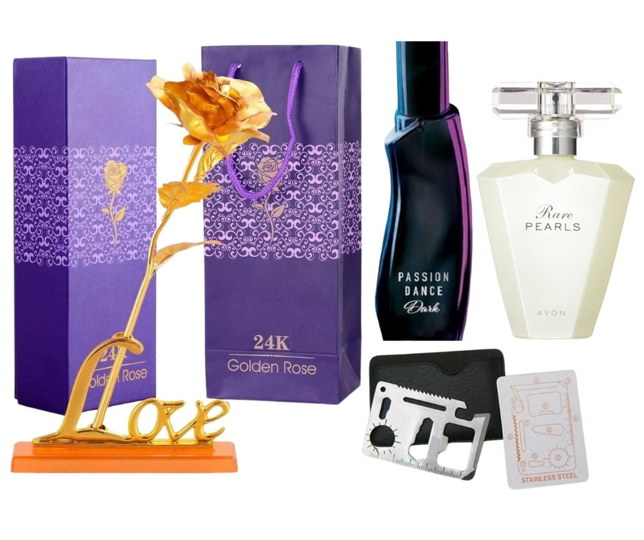 Set apa de toaleta Passion Dance Dark 50 ml, apa de parfum Rare Pearls 50 ml, card multifunctional, de supravietuire si trandafir auriu cu suport si cutie incluse