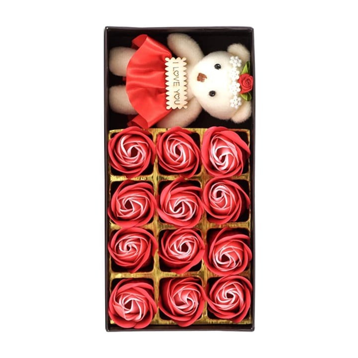 Set aranjament floral cu trandafiri din sapun si ursulet, cutie 24x12 cm, culoare rosu [3]