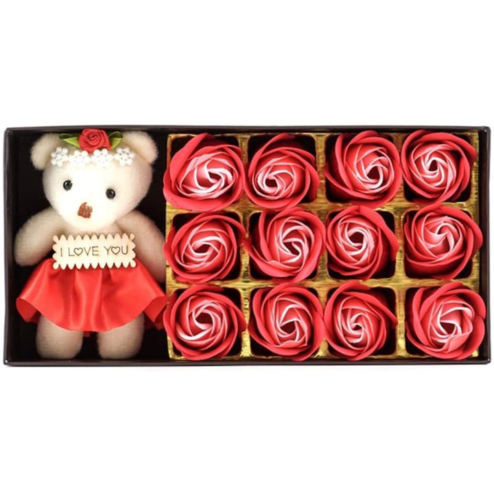 Set aranjament floral cu trandafiri din sapun si ursulet, cutie 24x12 cm, culoare rosu [2]