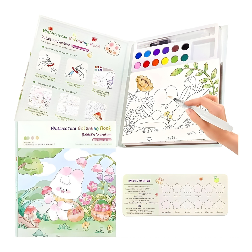 Set artistic pentru copii cu acuarele si carte de colorat, tematica iepure si natura, 12 culori, pensula reutilizabila cu apa, 20 foi carton [8]