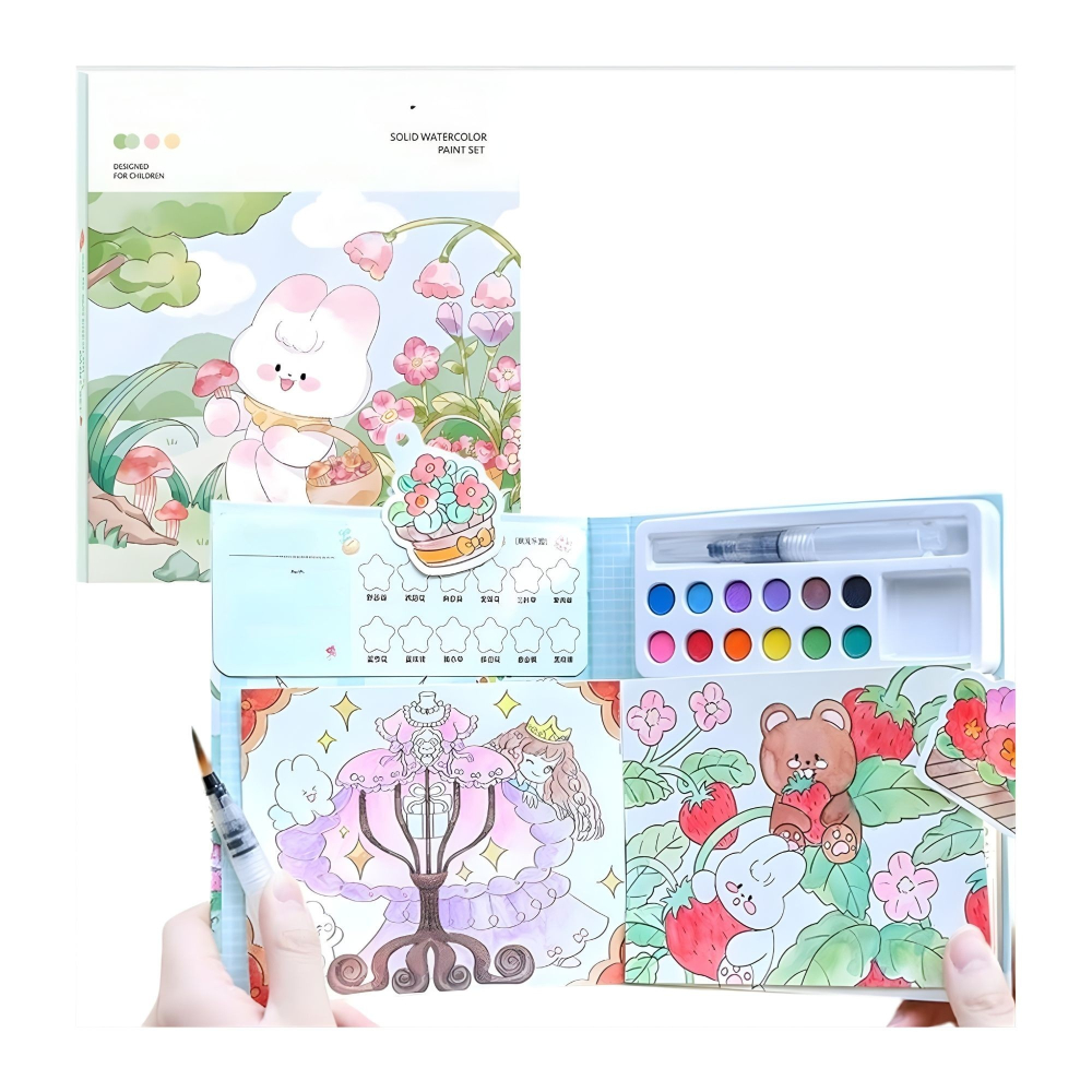 Set artistic pentru copii cu acuarele si carte de colorat, tematica iepure si natura, 12 culori, pensula reutilizabila cu apa, 20 foi carton [7]