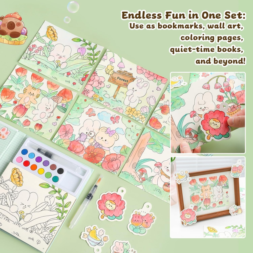 Set artistic pentru copii cu acuarele si carte de colorat, tematica iepure si natura, 12 culori, pensula reutilizabila cu apa, 20 foi carton [2]