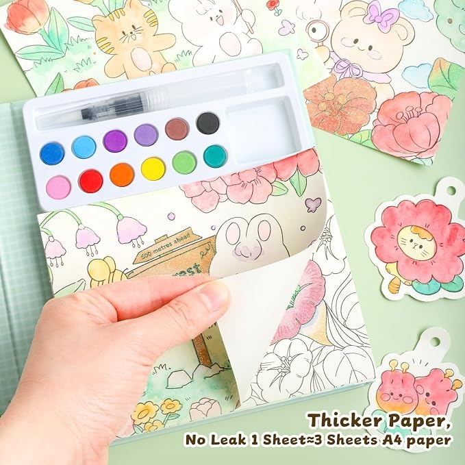 Set artistic pentru copii cu acuarele si carte de colorat, tematica iepure si natura, 12 culori, pensula reutilizabila cu apa, 20 foi carton [4]