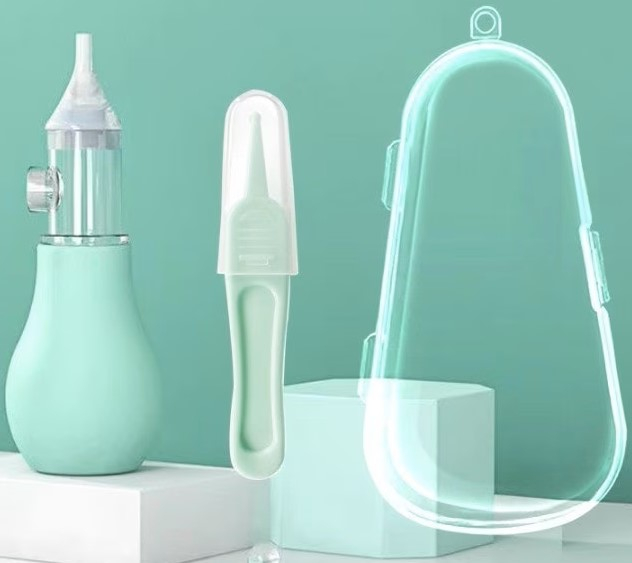 Set aspirator nazal pentru bebelusi, verde menta, cu pompa manuala, penseta si cutie de depozitare, kit pentru igiena nazala si indepartarea secretiilor [2]