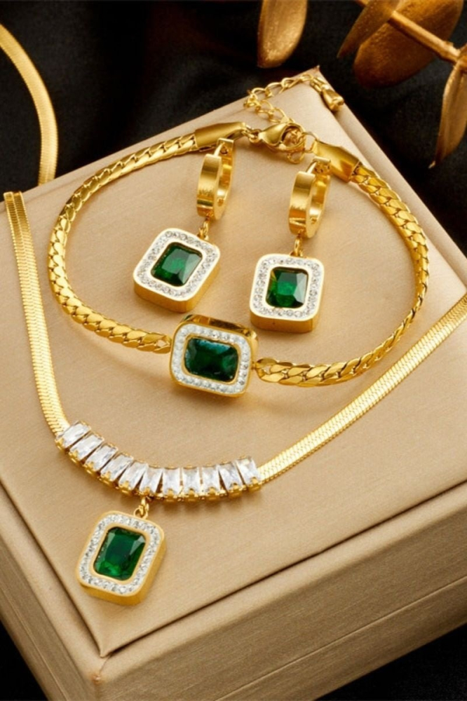 Set bijuterii dama, bratara, colier, cercei, auriu/verde [10]