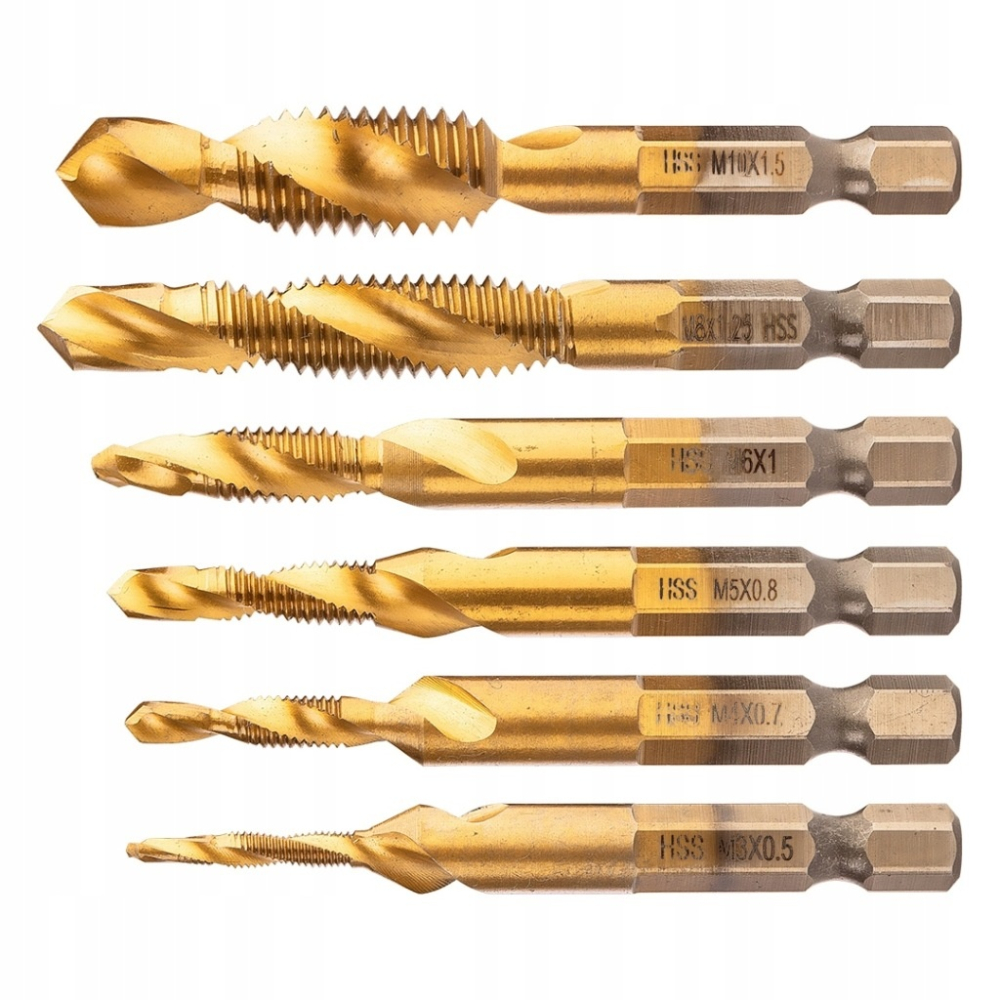Set burghie cu tarod HSS TiN auriu M3 - M10, 6 buc, HEX 6.35 mm, pentru gaurire, filetare si debavurare in metal, aluminiu, plastic si lemn [4]
