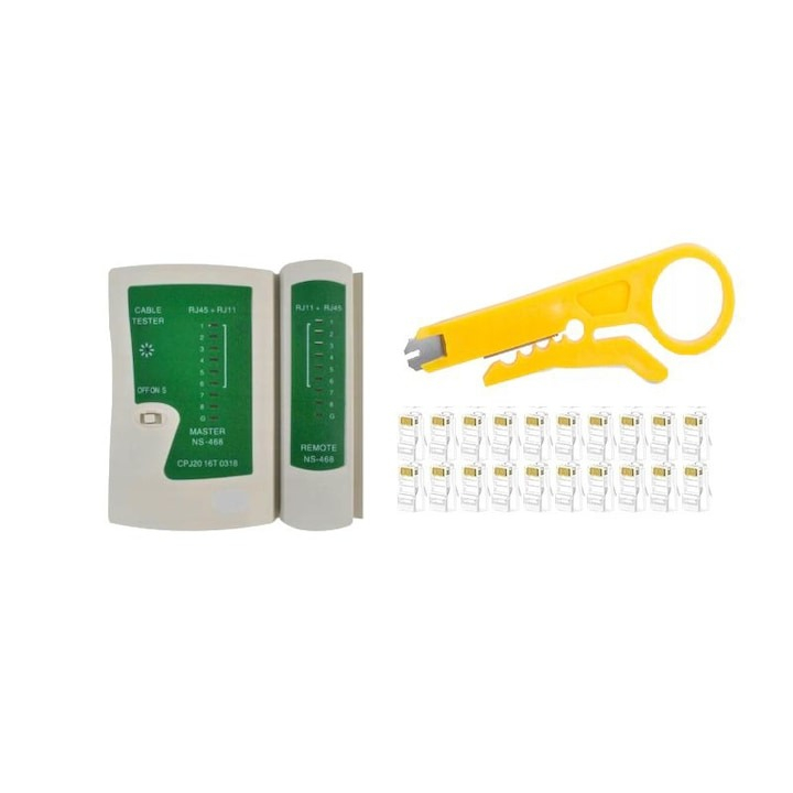Set cablu retea, tester LAN, cutit dezizolator si 100 mufe transparente