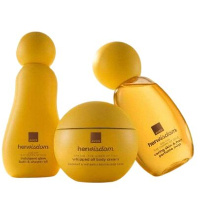 Set cadou auriu Avon HerWisdom Sim Sim cu spray parfumat pentru piele si par, crema aerata, ulei baie si dus, floarea Nilului, nuci de caju, cuier transparent [9]