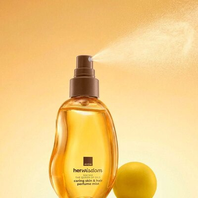 Set cadou auriu Avon HerWisdom Sim Sim, spray parfumat piele si par 100 ml, floarea Nilului, nuci de caju, cuier transparent 5.6 x 5.6 cm autoadeziv [12]