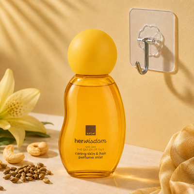 Set cadou auriu Avon HerWisdom Sim Sim, spray parfumat piele si par 100 ml, floarea Nilului, nuci de caju, cuier transparent 5.6 x 5.6 cm autoadeziv [3]